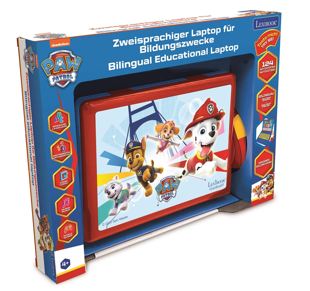 Lexibook Paw Patrol - Bilingual laptop for educational purposes in English and German, 124 activities, math, logic, music, clock, games - Children's toy (girls & boys) - JC598PAZi3