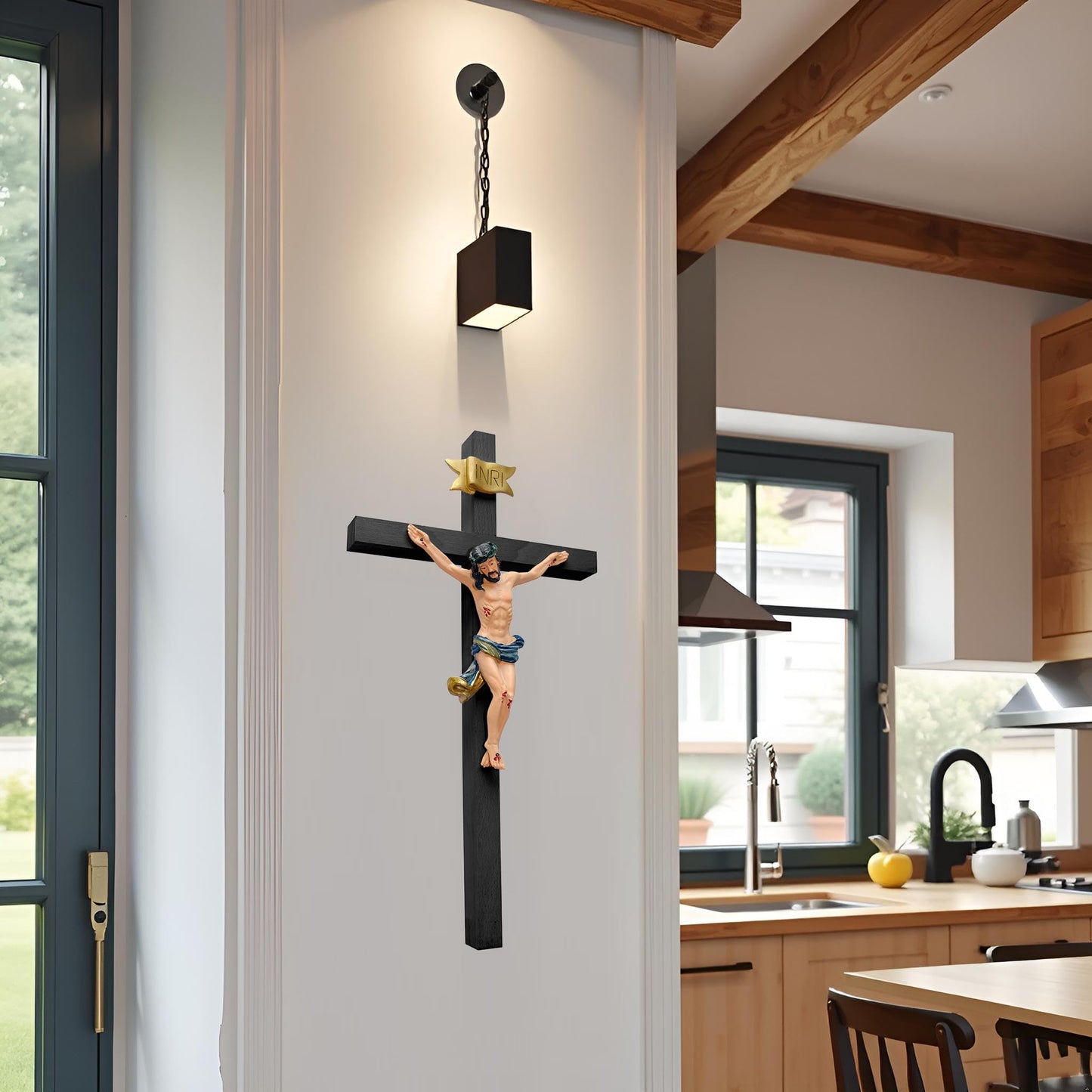 Kaltner Präsente gift idea - Wooden cross crucifix made of real beech wood in black with Jesus Christ figure made of hand-painted artificial stone (height 50 cm)