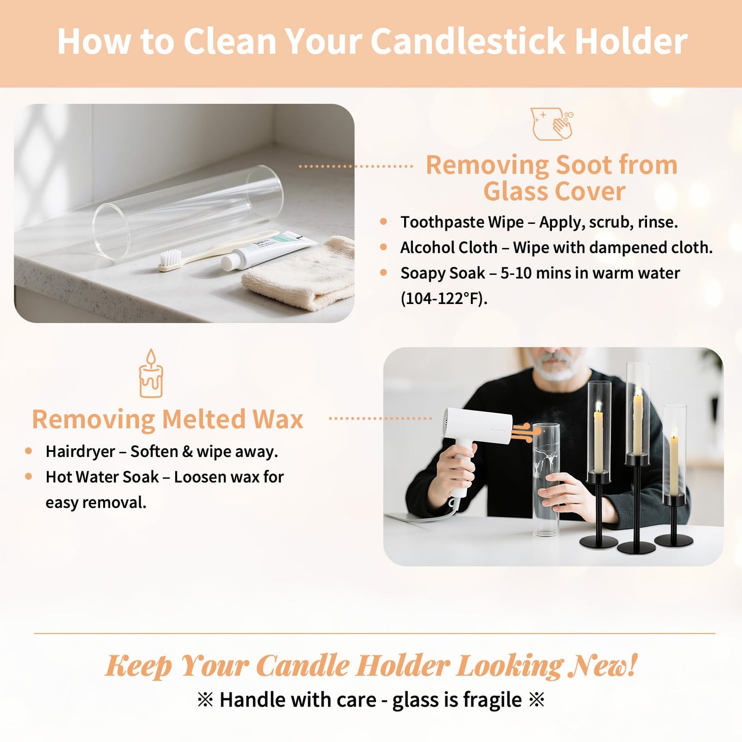 Nuptio Glass Cylinder Candle Holder Metal Black - 18 pieces Cone Candle Stand Taper Candle Pack for Candles, Clear Glass Hurricane Shade Top Candle Modern Wedding Christmas Table Dinner