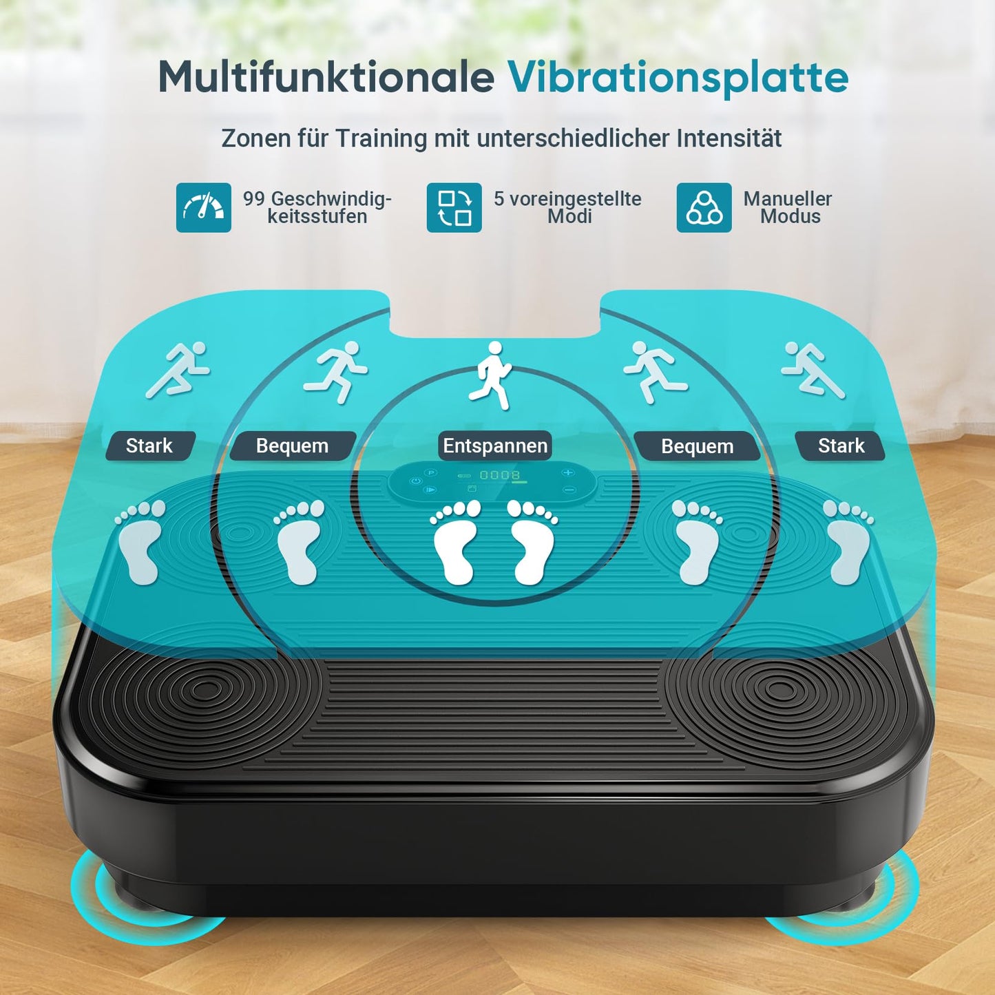 The THERUN vibration plate is a home sports vibrating plate with 1-99 different vibration intensities. It is perfect for muscle building, fat loss, and full body training. Comes with 4 fitness bands in black.