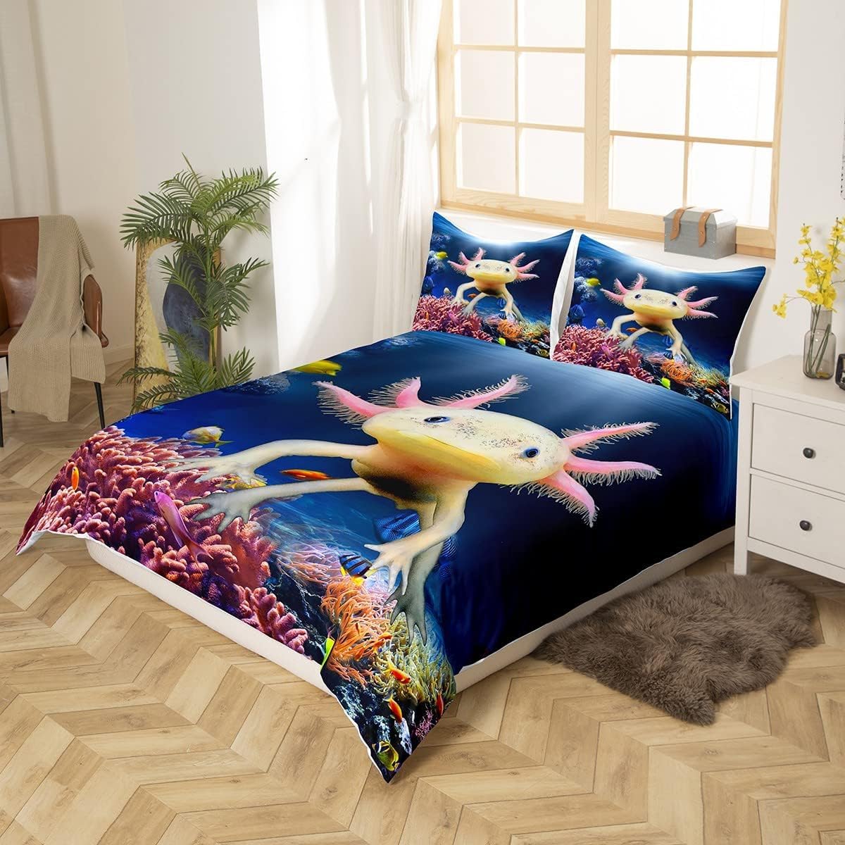 Nice Axolotl Duvet Cover Set in M size, Fish Sea Life Bedding Set for Kids Teens Girls Room Decor, Cartoon Animal Theme Comforter Cover Sea Blue Quilt Cover with 1 Pillowcase.