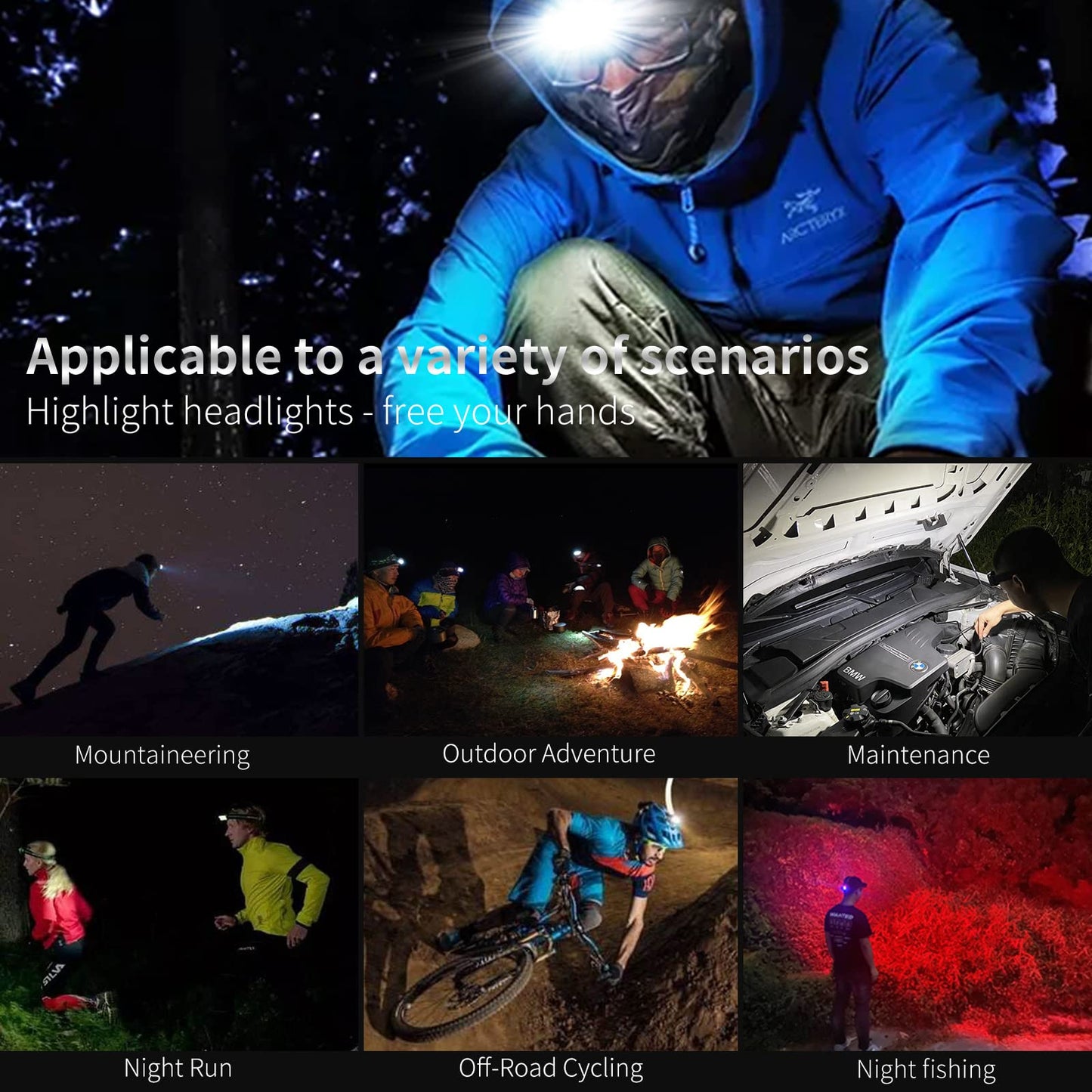DARKBEAM COB Floodlight Headlamp LED with Red Light Rechargeable USB, Bright 2000 Lumens, Rechargeable Waterproof Headlamp, Fishing, Work Light for Helmet, Including Batteries, 7-14 Hours Battery Life.