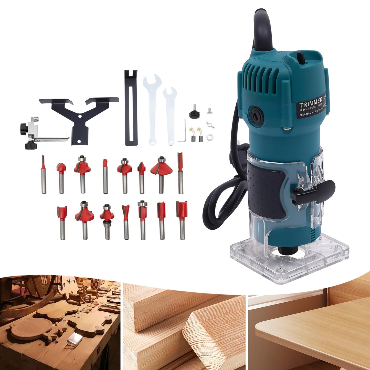 800W trim router, 6.35mm edge trimming router with 15 different router collets for grooving, trimming, carving, milling, chamfering, and cutting curves.