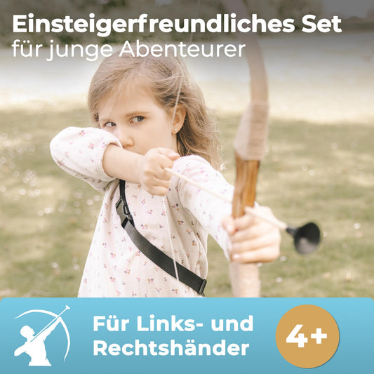 BOWRILLA® arrow and bow children's set with 6 suction cup arrows, wooden target, and quiver | Archery kids' toy for indoor and outdoor games from age 4 | For right and left-handed players.