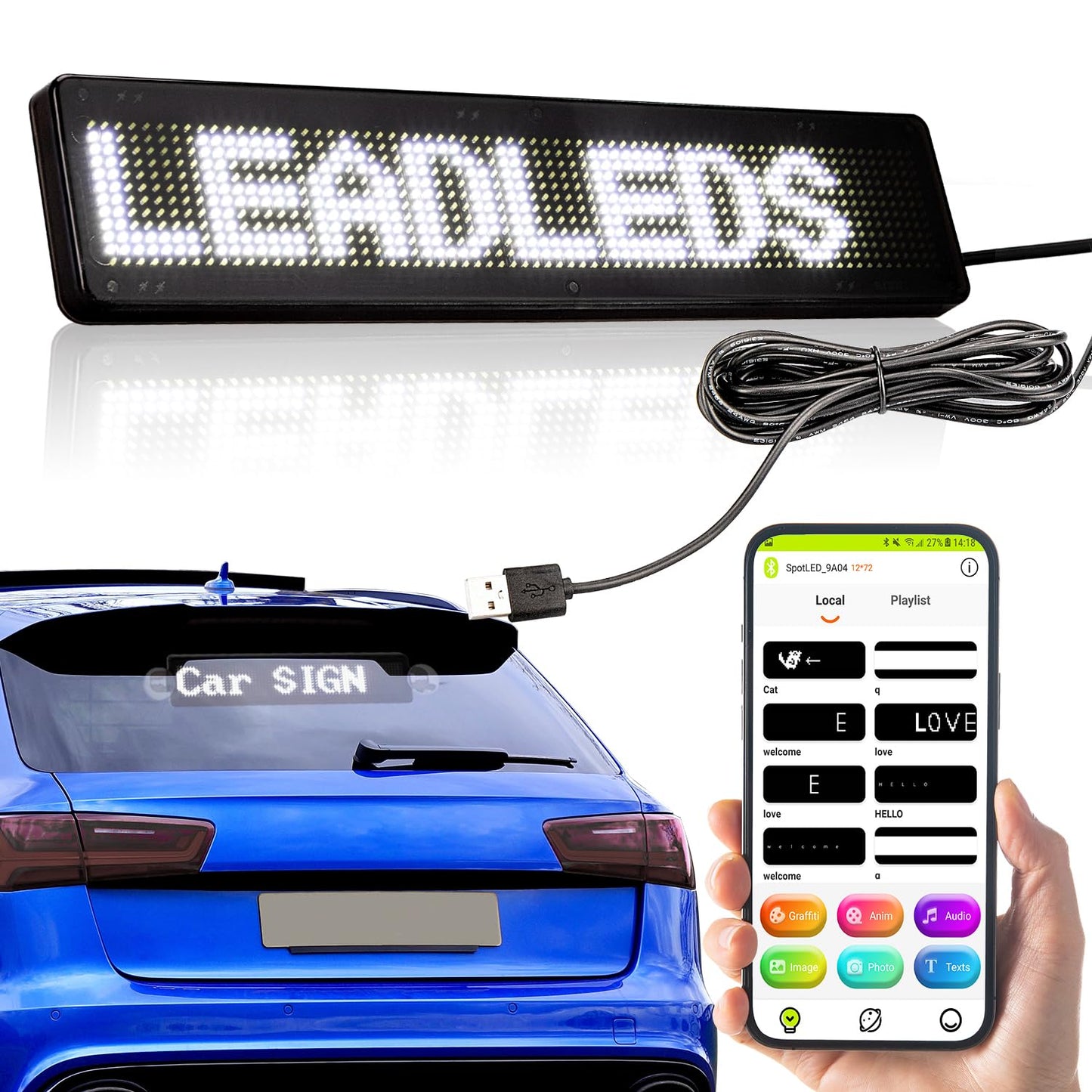LED Display Board Leadleds 23 x 5 cm Bluetooth Smart App White LED Programmable Scrolling Sign for Car, Shop, Store