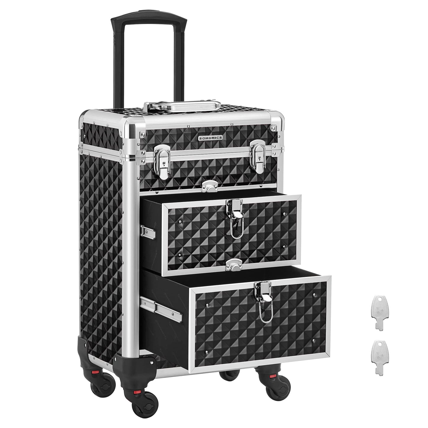 SONGMICS Cosmetic Case Trolley, Makeup Case with 2 Drawers, Large Hairstylist Case, Makeup Case, 34 x 24 x 56 cm, 360° Rotating Wheels, Travel, Hairstylists, Gift Idea, Black JHZ08BK.