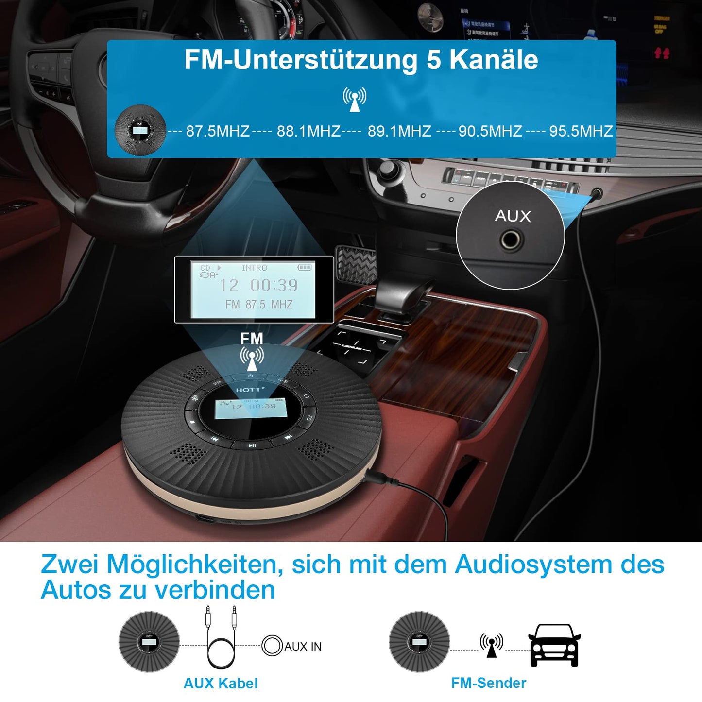 HOTT Portable Bluetooth CD Player with 4 Speakers and FM Transmitter, Anti-Skip Portable CD Player, 1800mAh Rechargeable Small with Headphones for Car, Home.