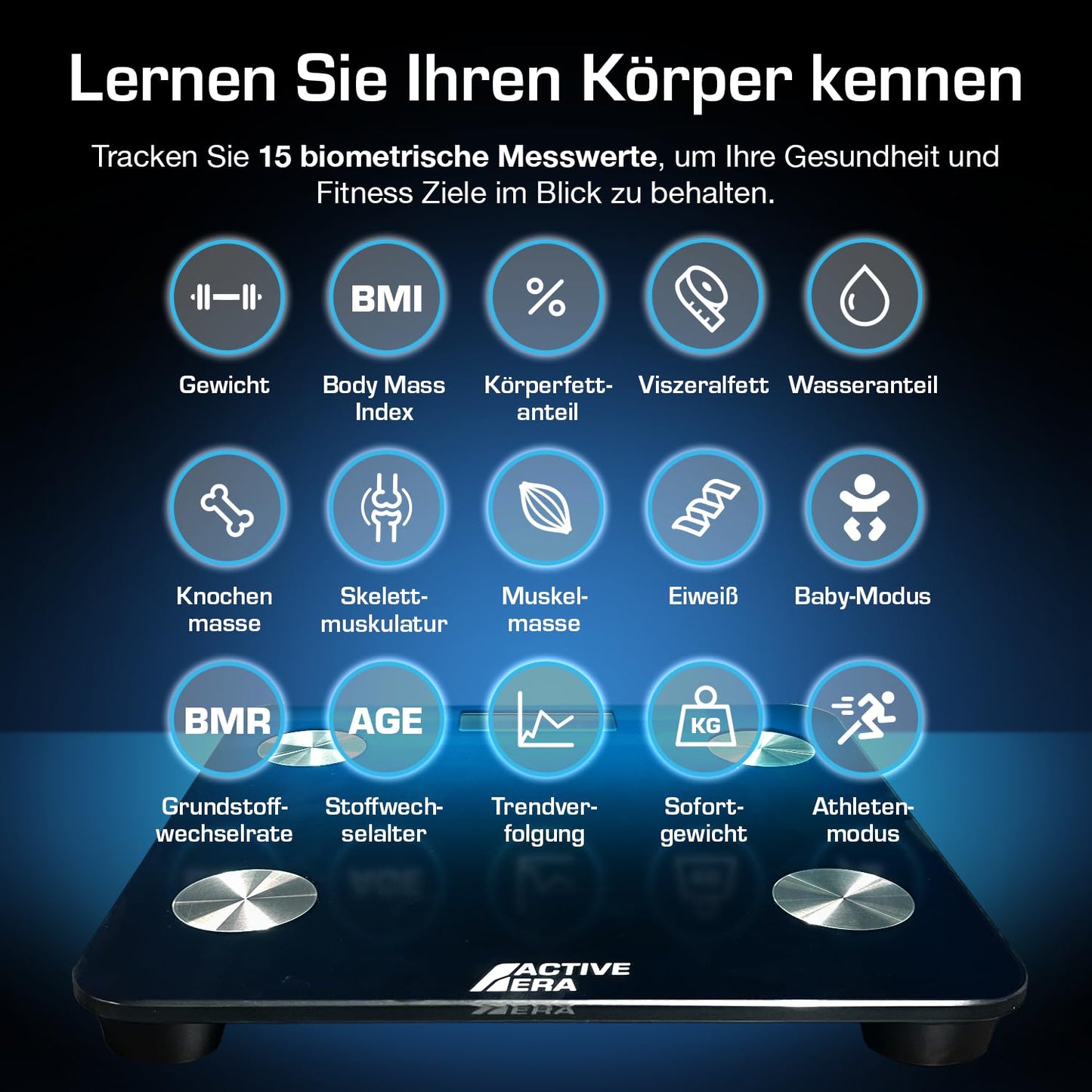 Active Era Body Fat Scale - Digital Bathroom Scale with App - Smart Bluetooth Scale for Body Analysis - Body Fat, BMI, Weight (max. 180 kg), Muscle Mass, Water, Protein, Bone Weight - Black