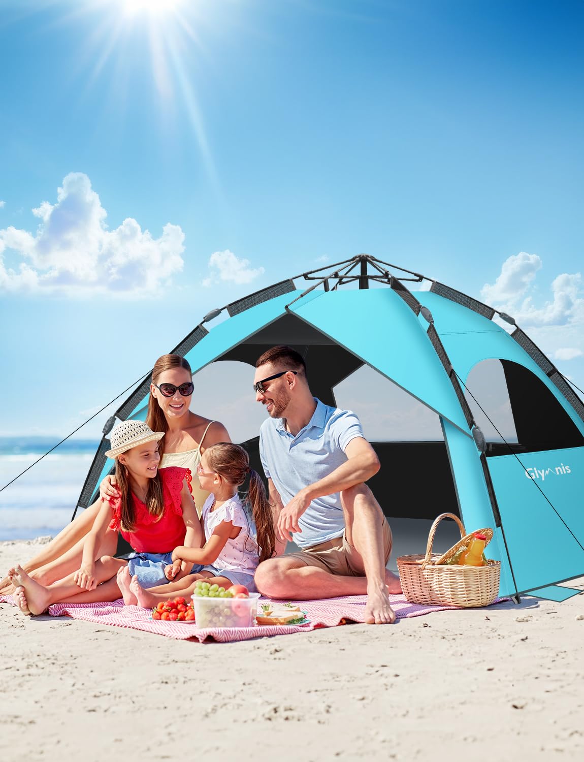 Glymnis Quick Up Beach Tent Automatic Beach Tent UV Protection 50+ Windproof Small Packing Size Blue Beach Tent for 4 to 6 People