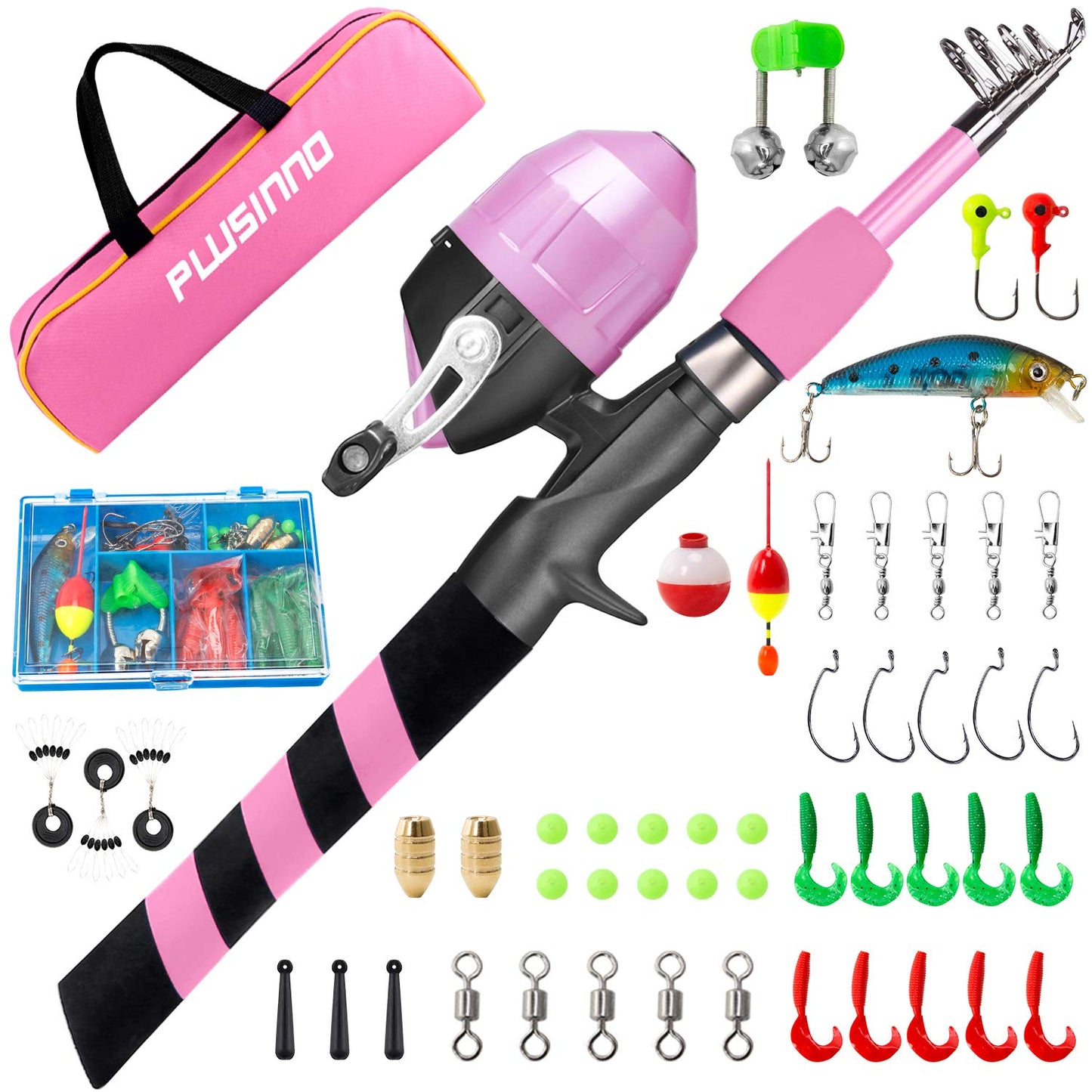 PLUSINNO Kids Fishing Rod and Reel Combo, Telescopic Fishing Pole with Lures, Fishing Accessories and Carry Bag for Saltwater Freshwater Fishing, for Boys, Girls, Teens Pink.