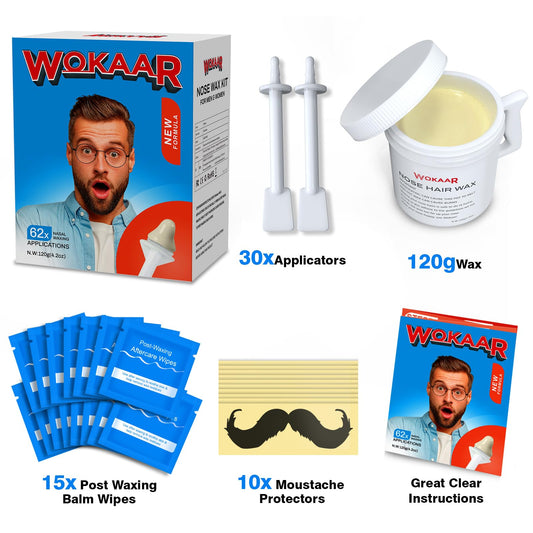 Wokaar Nose Hair Waxing Kit for Men and Women, 120g of hypoallergenic wax, 30 applicators, nose and ear hair removal wax, easy nostril waxing kit, 15 balm cloths.