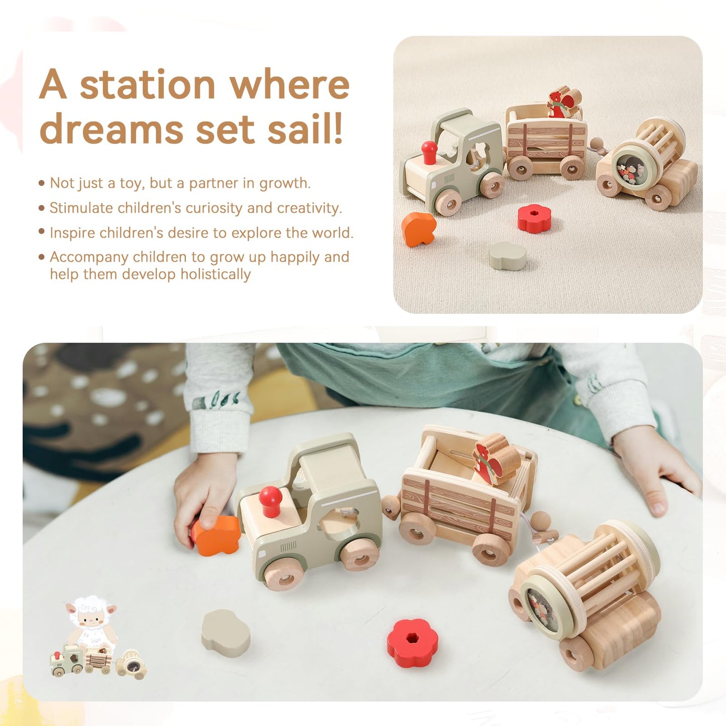 Mamimami Home Combined Train Wood Montessori Toy for Kids wooden train toy set with blocks and rattles Suitable for 1 year old boys girls