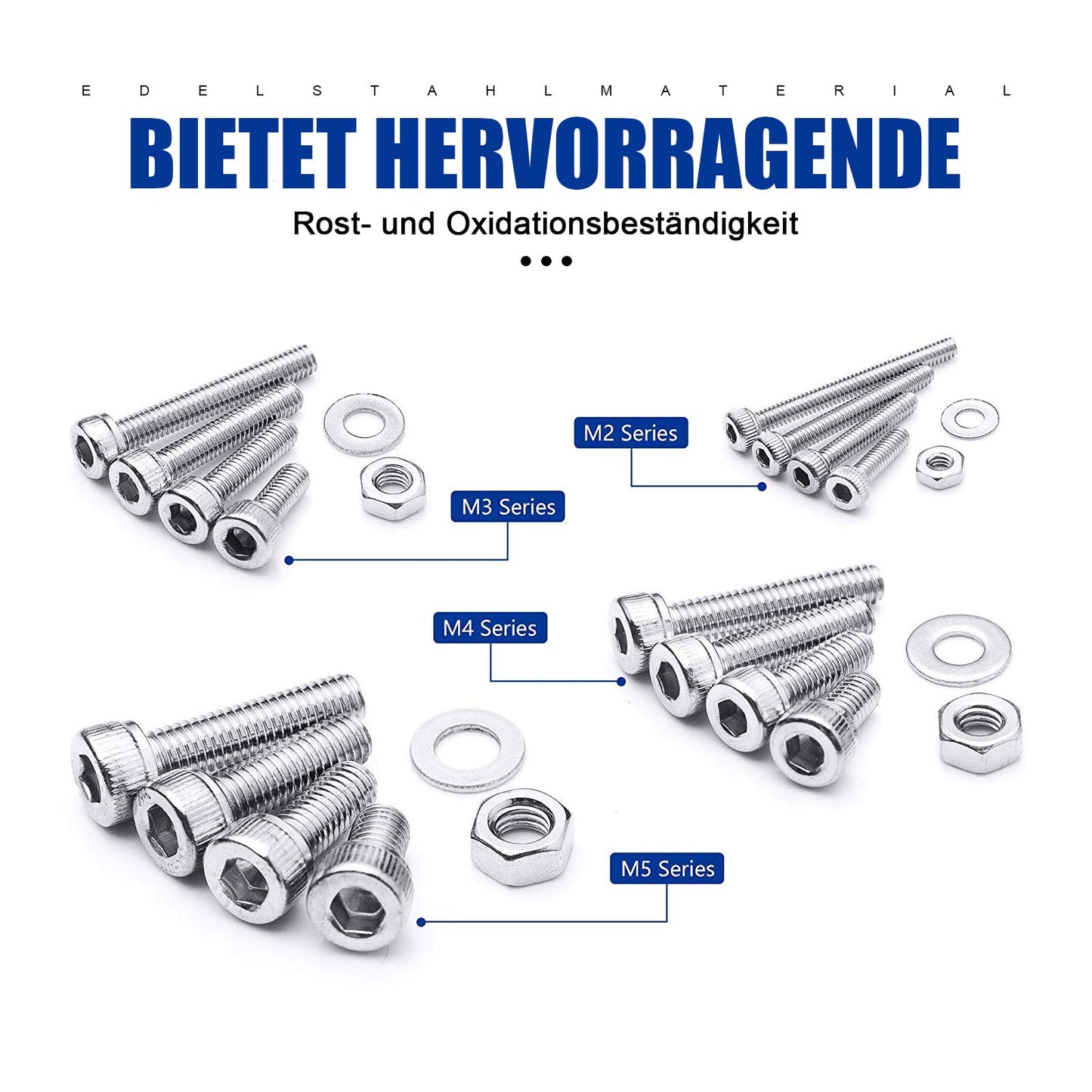 880 Pcs Stainless Steel Hex Head Button Screws, Nuts, and Washers Assortment Kit with flat storage case box + Allen key.