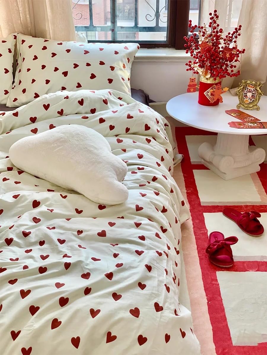 Nayoroom bedding 135x200 White with Red Hearts Duvet Cover 2-piece Microfiber Red White Hearts Bedding Set and Pillowcase 80x80 cm with zipper