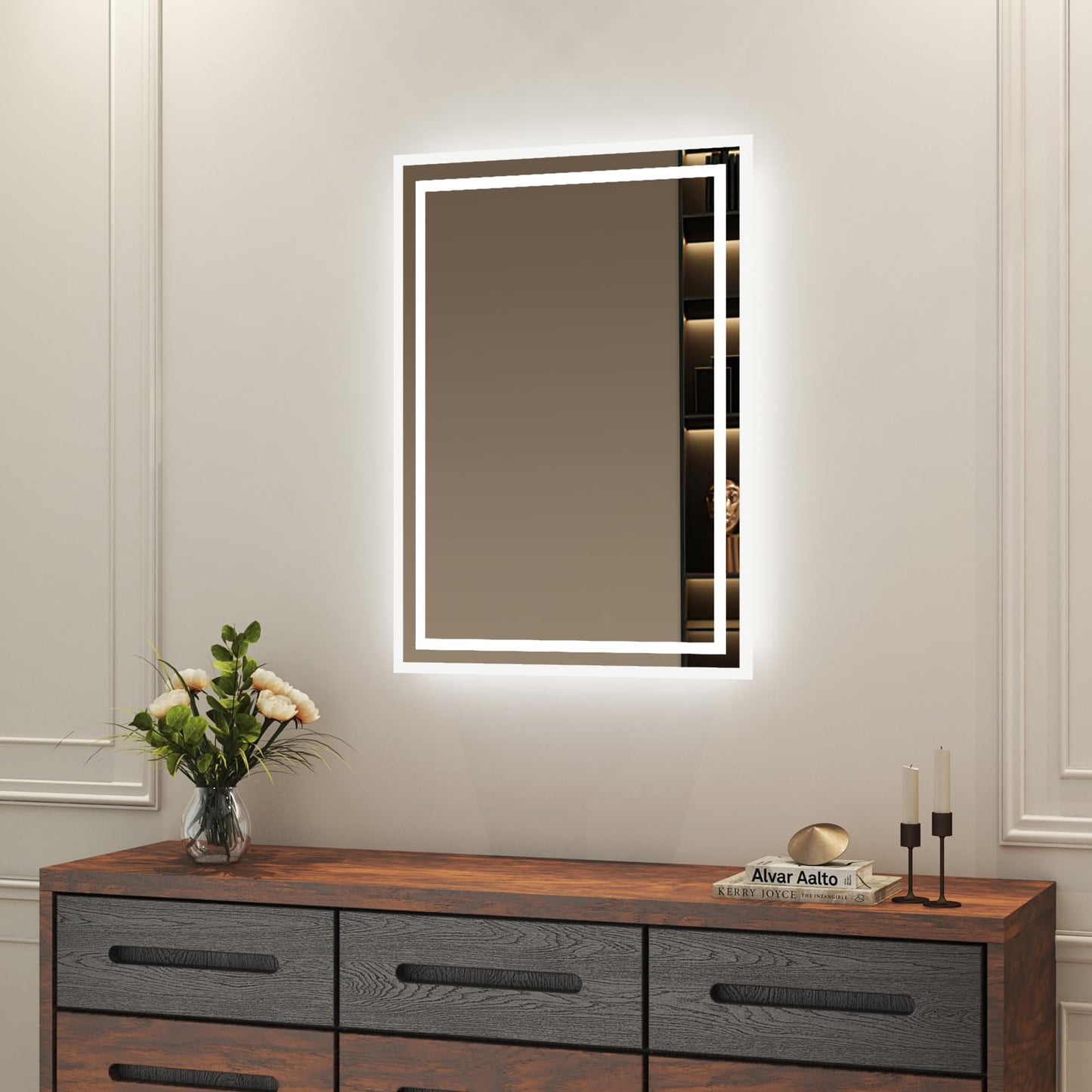 Boromal bathroom mirror with lighting 60x40cm wall switch bathroom mirror horizontal/vertical 6500K cool white wall mirror light mirror