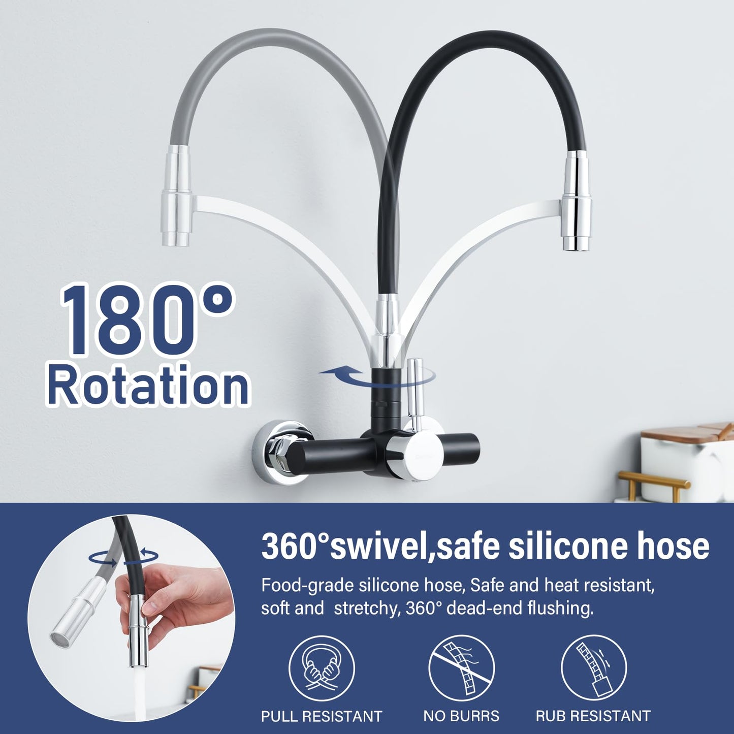 Kitchen faucet Wall-mounted sink faucet Black, Dolinvo Kitchen faucet Wall-mounted with 360° swivel, Single lever sink mixer tap wall-mounted faucet, Scald protection silicone cover.