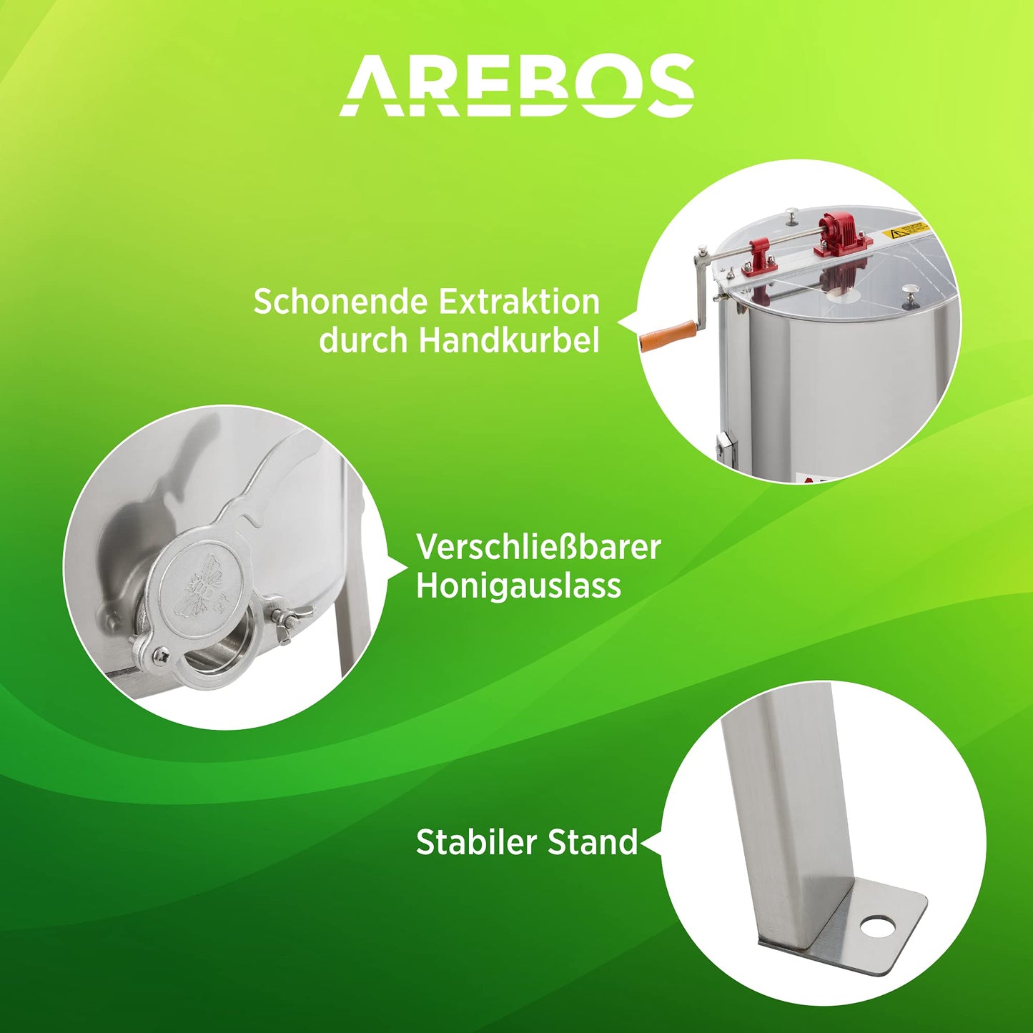 Arebos Premium Manual Honey Extractor | 4 Frame | Tangential Stainless Steel Extractor | Honey Extractor with Lid | Beekeeping and Beekeeper Accessories