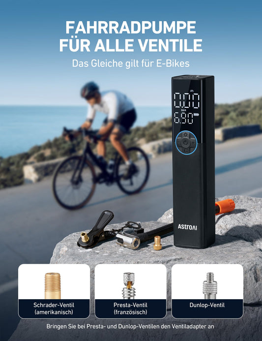 AstroAI Bike Pump Electric Air Pump, 150PSI Portable Battery Bike Pump for all valves, High-pressure motor designed for bikes, Rechargeable for city bikes, road bikes, mountain bikes, Blue