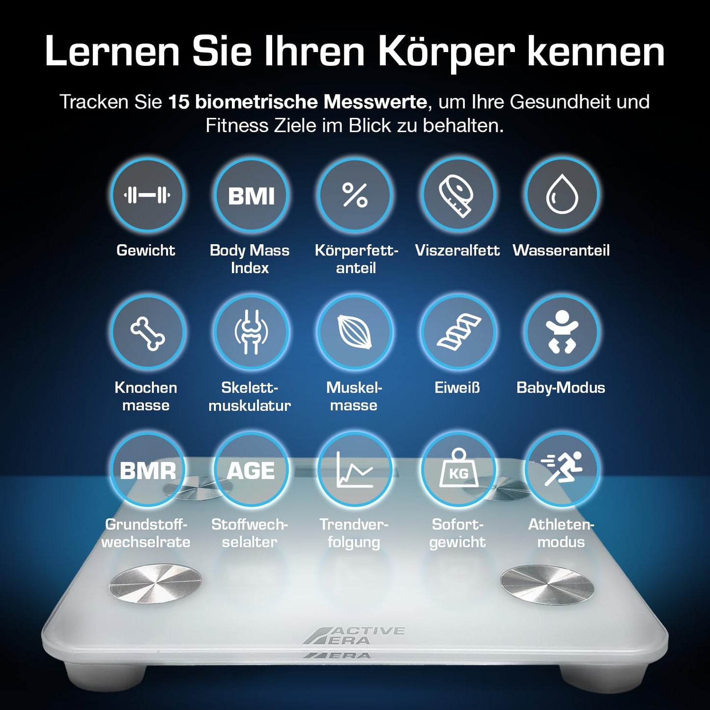 ACTIVE ERA Body Fat Scale - Digital bathroom scale with app - Smart Bluetooth scale for body analysis - Body fat, BMI, weight (max. 180 kg), muscle mass, water, protein, bone weight - White
