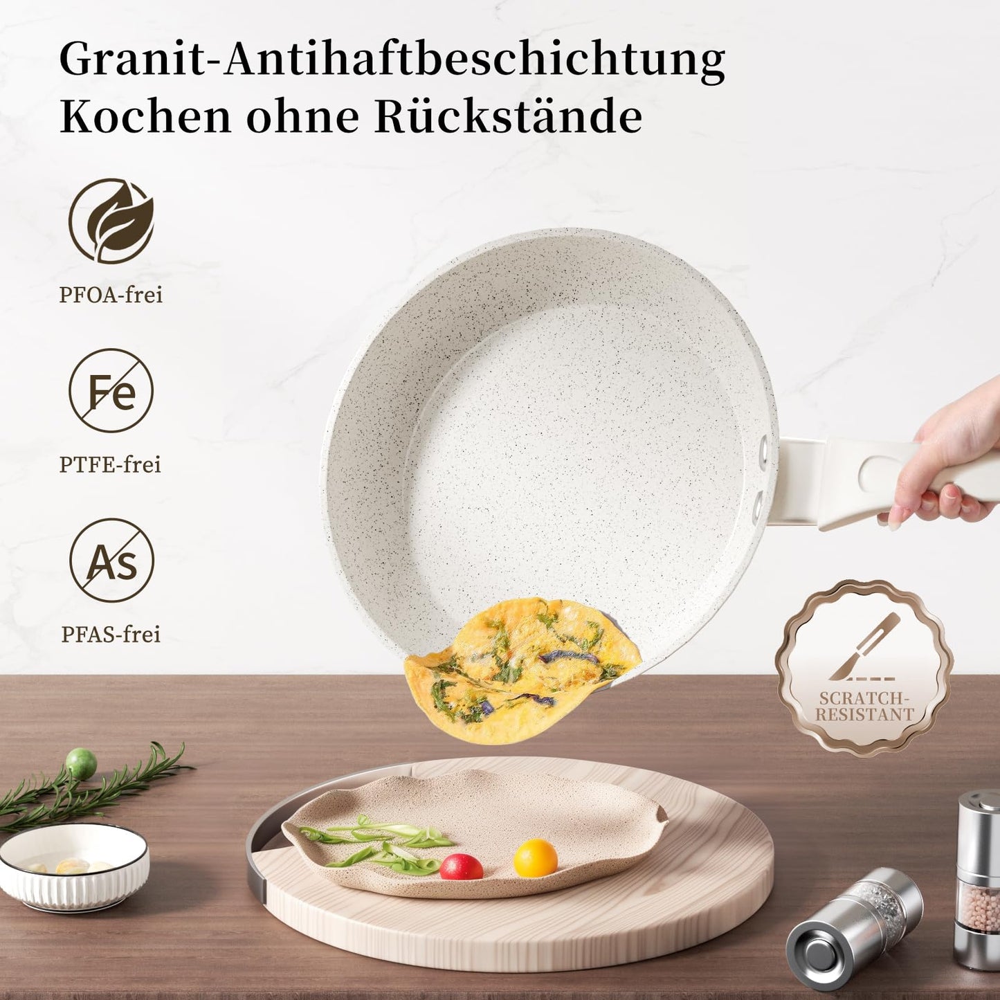 Innerwell 28cm non-stick frying pan with ceramic coating, induction compatible. Professional quality, ideal for omelettes and healthy cooking. Oven and dishwasher safe, white color, PFOA free.
