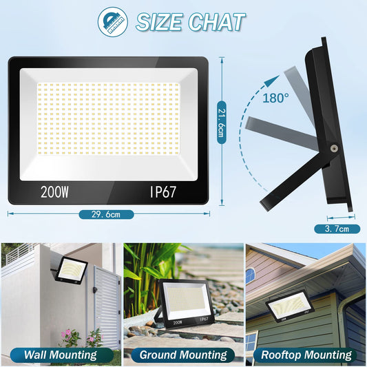 YIQIBRO 200W LED Floodlights Outdoor 2 Pack, IP67 Waterproof Spotlight, 20000LM 6500K Cool White Super Bright LED Floodlight with Transformer, Outdoor Floodlights for Warehouse, Garden, Garage, Yard, Parking Lot.
