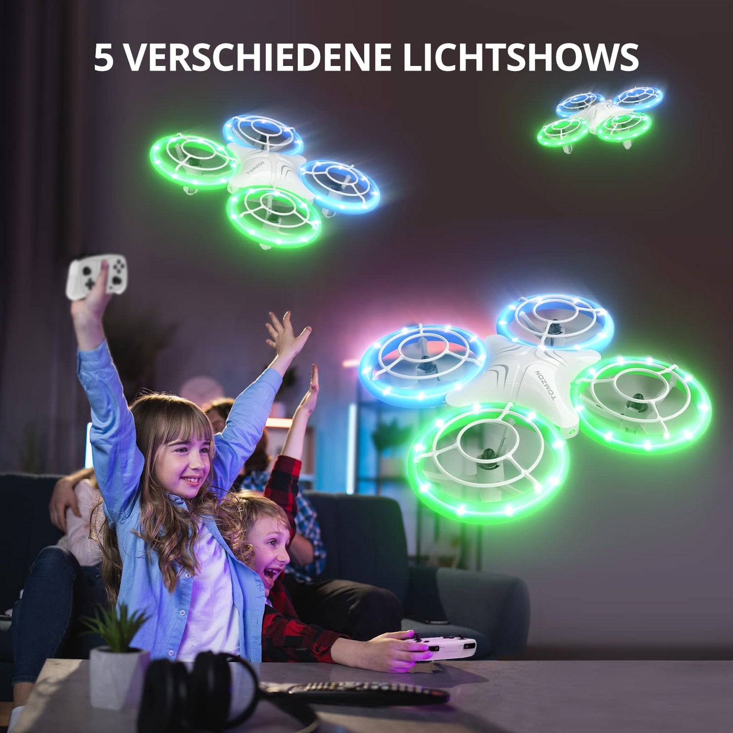 TOMZON Mini Drone for Kids, Blue and Green LED Lights, RC Quadcopter with 2 Batteries, Headless Mode, Throw Go/3D Flip/Rotation/Circle Fly for Beginner Kids