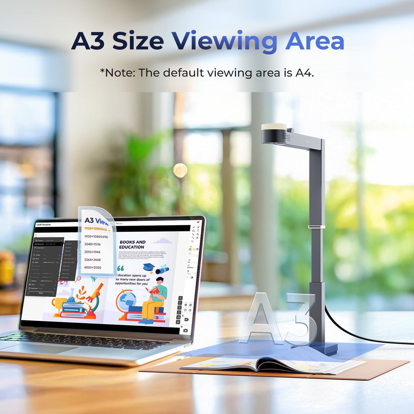 CZUR 12MP USB document camera with 4K resolution, Dual-Auto-Focus, 60FPS, A3 size, LED light, MIC, Rotate, Mirror functions. Foldable visualizer for macOS and Windows. Fancy S Pro.