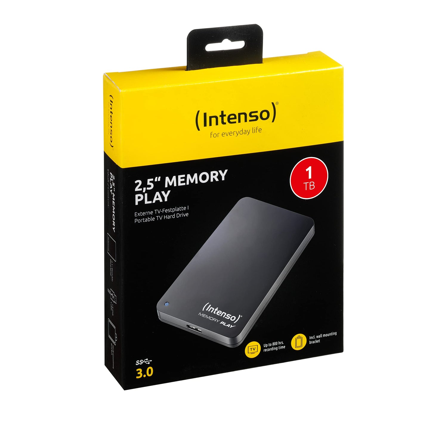 Intenso 6021460 Memory Play 1TB external TV hard drive (2.5 inches, 5400rpm, 8MB cache, USB 3.2 Gen 1x1) including TV mount in black.