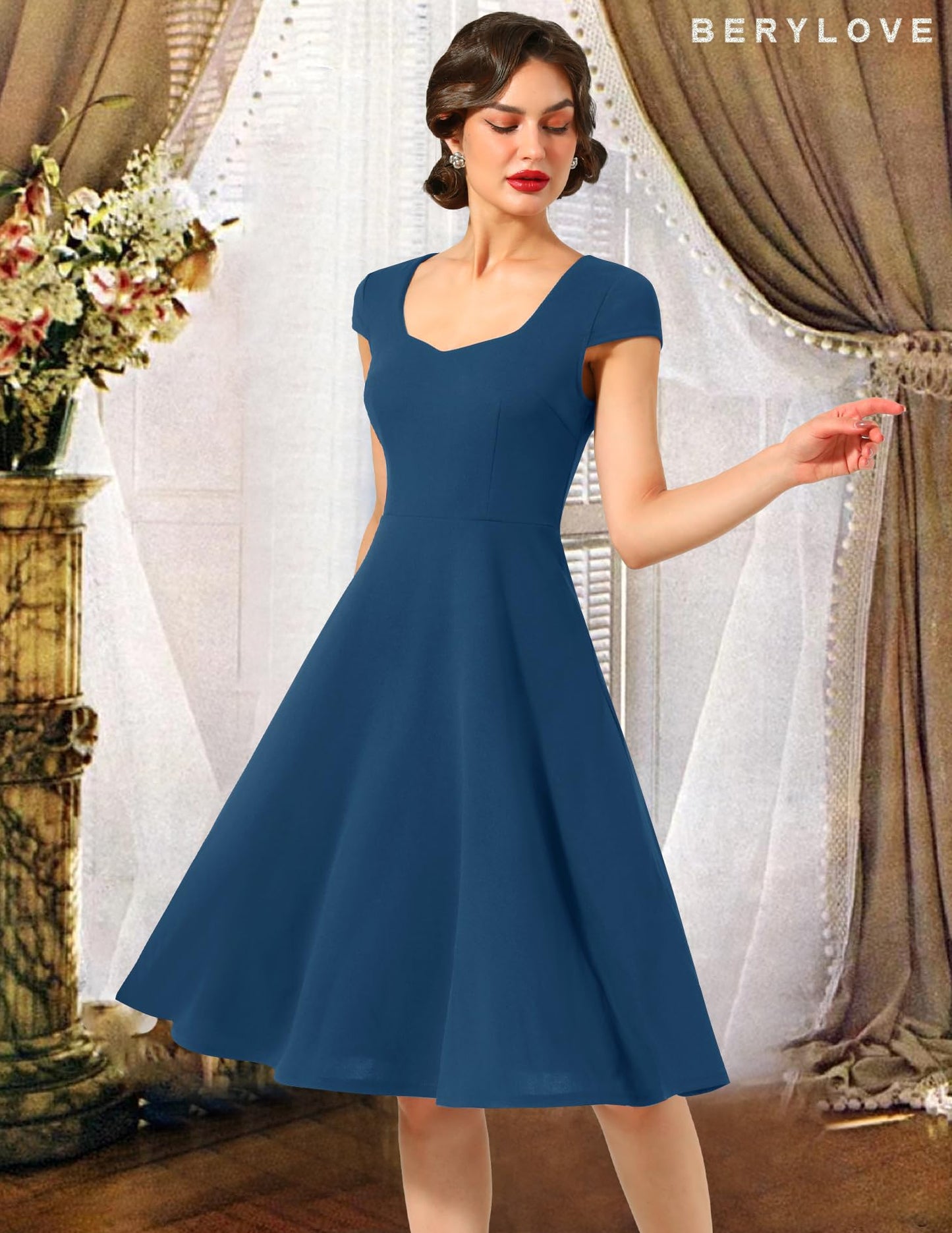 Berylove Evening Dresses Elegant Long Rockabilly Dresses Women Vintage Dress with Cutout 8009 Dusty Blue S