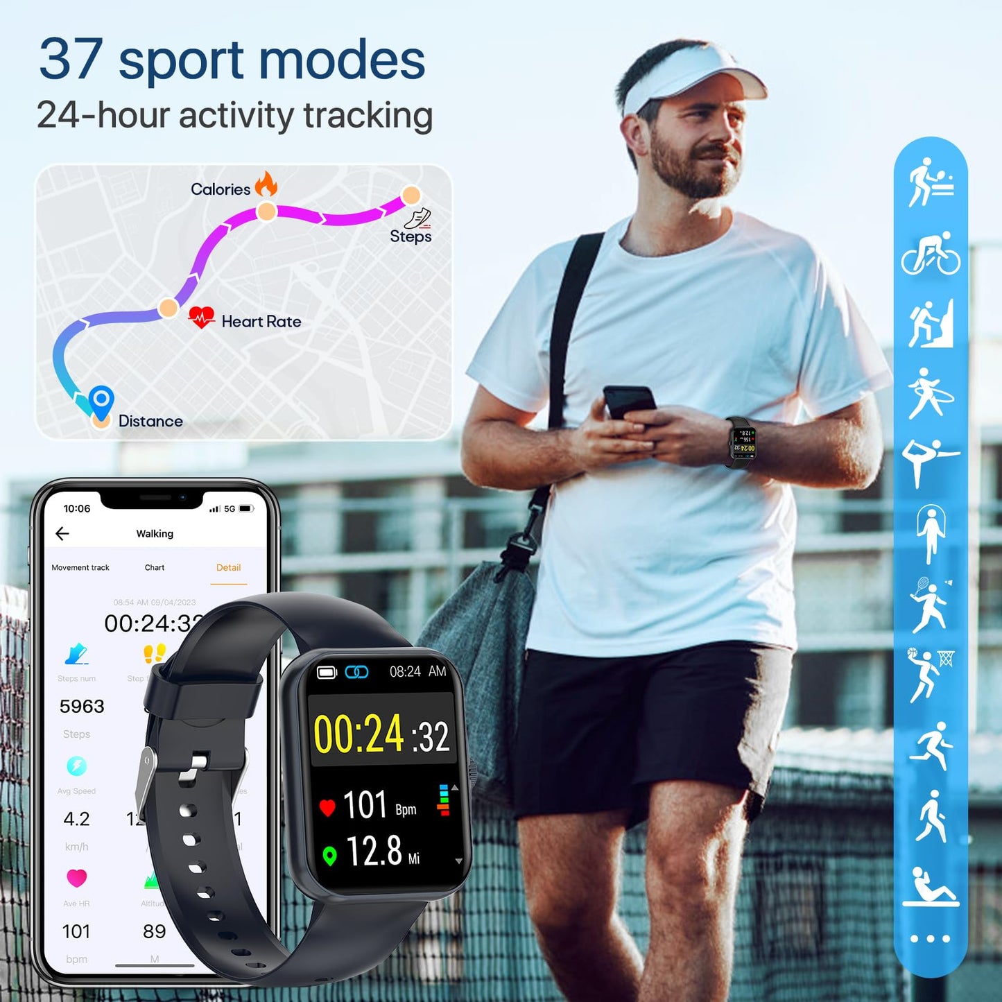 Women's smartwatch, fitness tracker 1.83 Full Touchscreen fitness watch for women, 37 sports modes activity tracker, pedometer, heart rate monitor, men's smartwatch with phone function for Android iOS.