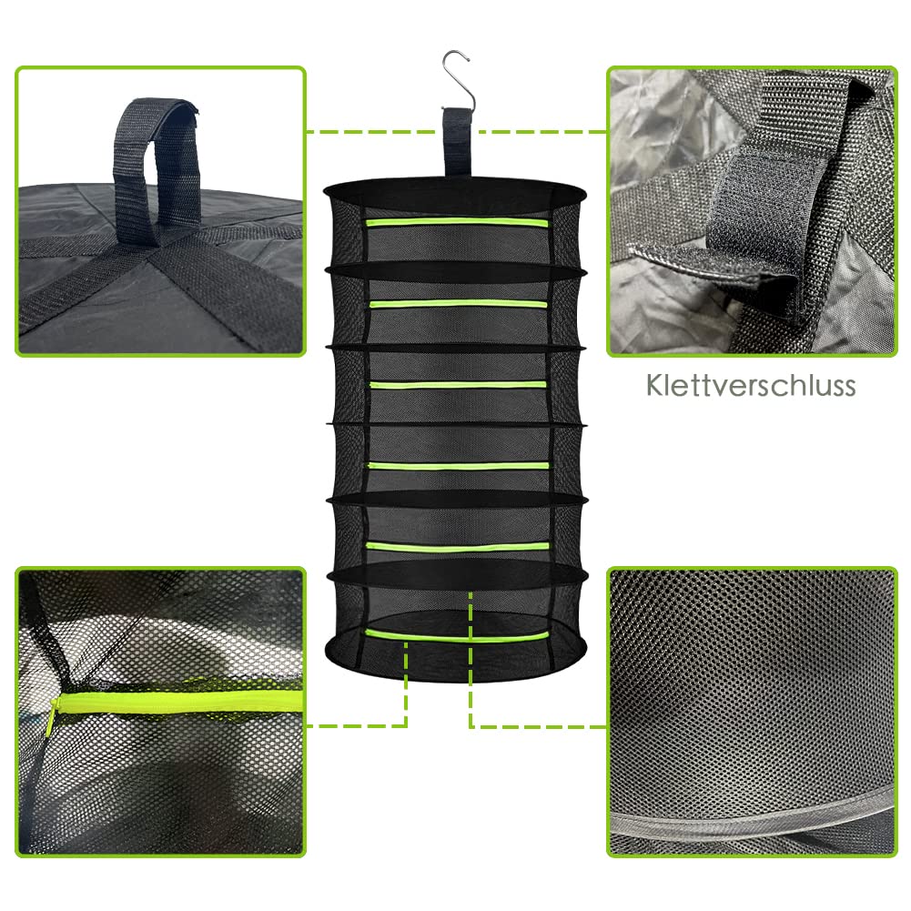 MORELX Herb Drying Rack, 6-layer Drynet, Hanging Drying Net with zippers, Foldable Drying Net with S-hooks and storage bag.