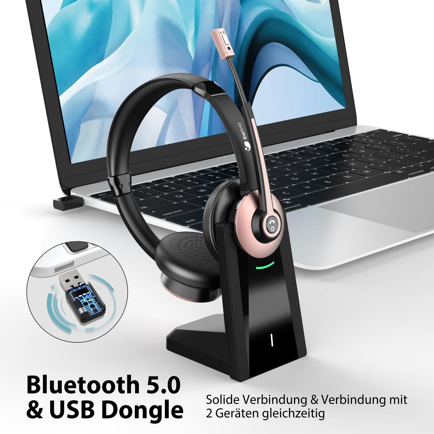 Wireless headset, Bluetooth headset with microphone and noise cancellation & USB dongle, wireless with microphone mute & charging station for computer/phone/meeting/call center/office.