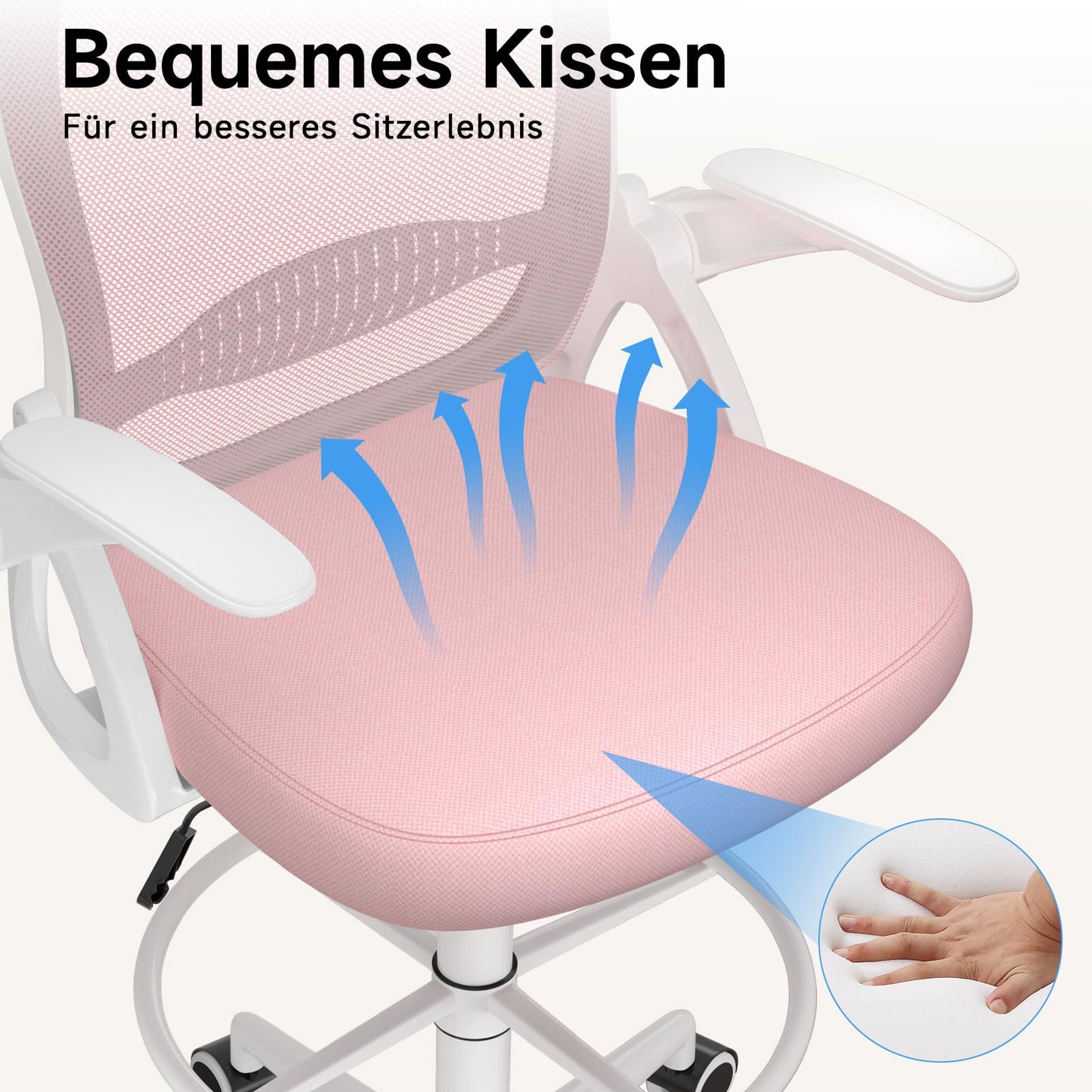 Naspaluro office chair with footrest ring, ergonomic desk chair with breathable mesh, foldable armrests, height adjustable, computer chair, lightweight, 360° swivel chair Pink.