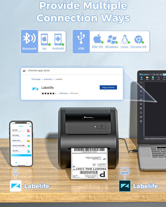 Phomemo D520BT Bluetooth Label Printer, DHL Thermal Printer, Shipping Label Printer 4x6, for Packages, Postage, Address, Logo, Compatible with Ebay, Etsy, Amazon, Shopify.
