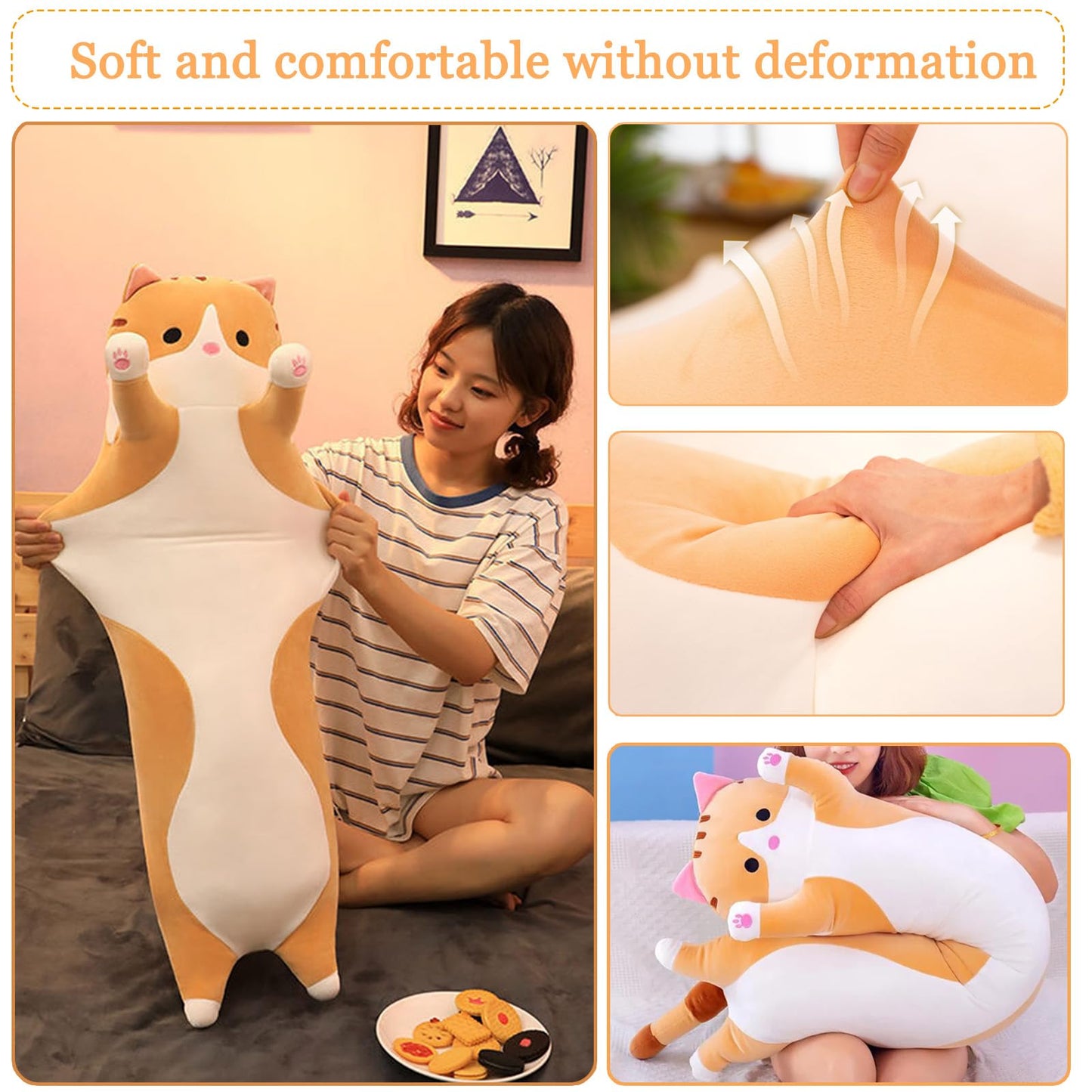 Aiuidun Long Cat Plush Toy Stuffed Animals Cat Plush Pillow Cute Kitten Plush Toy Sleep Pillow, Soft Long Cat Cuddle Pillow Gift for Kids Girlfriend (110cm/43.3inch, Yellow)