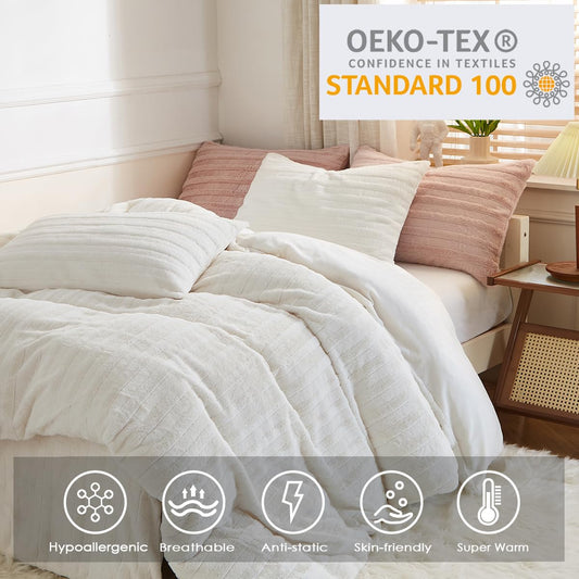 Nayoroom Plush Bedding 200x200 Cream White Winter Warm Fluffy Fleece Duvet Cover and 2 Pillowcases 80x80 cm Oeko-Tex Certified Super Soft Winter Bedding Set Zipper