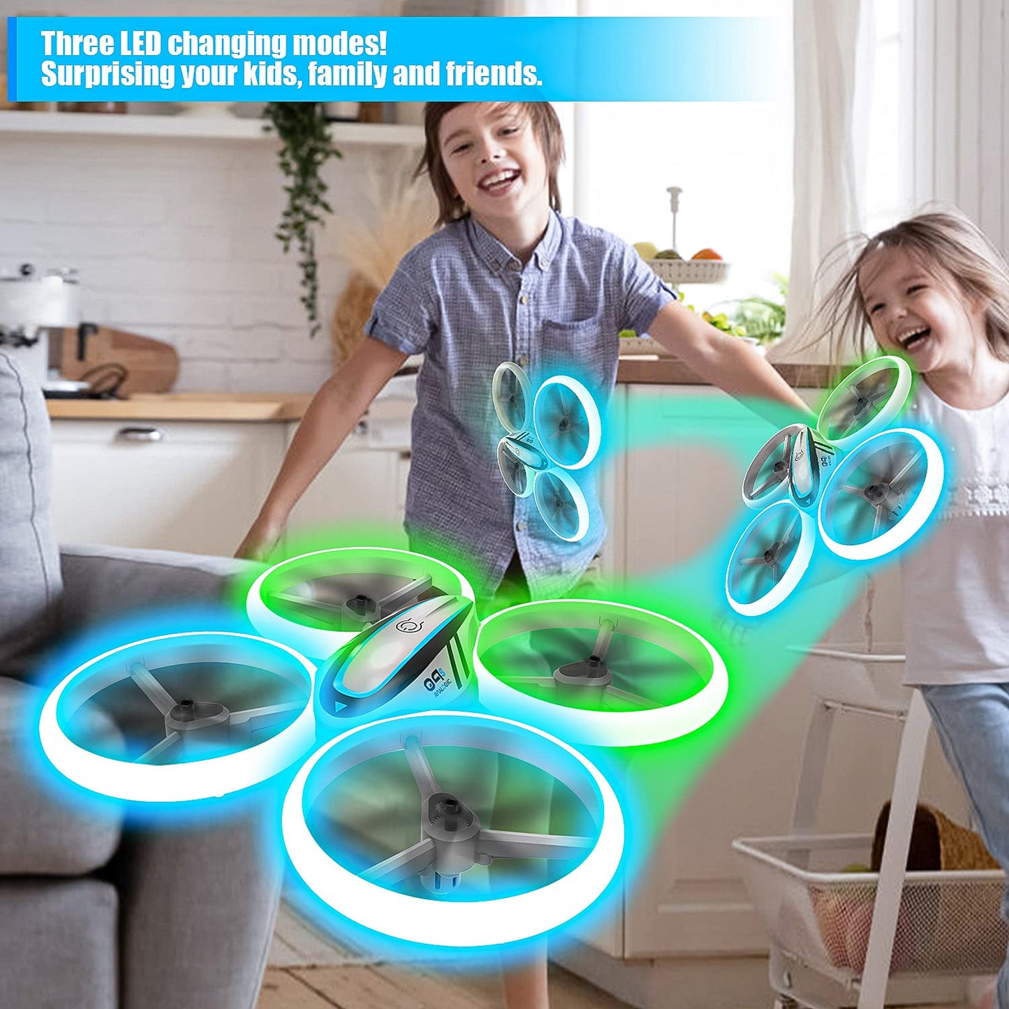 AVIALOGIC Q9s Drone for kids with altitude hold and headless mode, RC Quadcopter with blue & green lights and 2 batteries, toy drone for children and beginners.