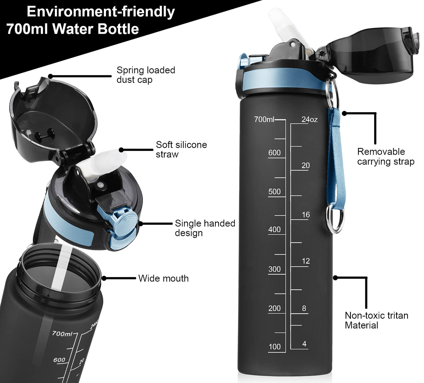 Capsule Bottle Holder Bike Set, Bike Drink Holder with 610ml 700ml 750ml Water Bottle, Screws, Lightweight Strong Bottle Holder for MTB, Road Bike (Black, 700ml-black)