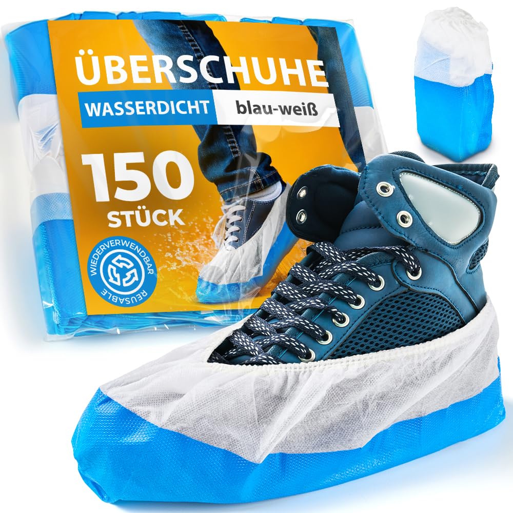 ISC Hygiene & Safety 150x waterproof blue-white shoe covers from Overshoes Reinforced Extra Strong >9g - non-slip shoe covers - one size fits all, disposable reusable galoshes