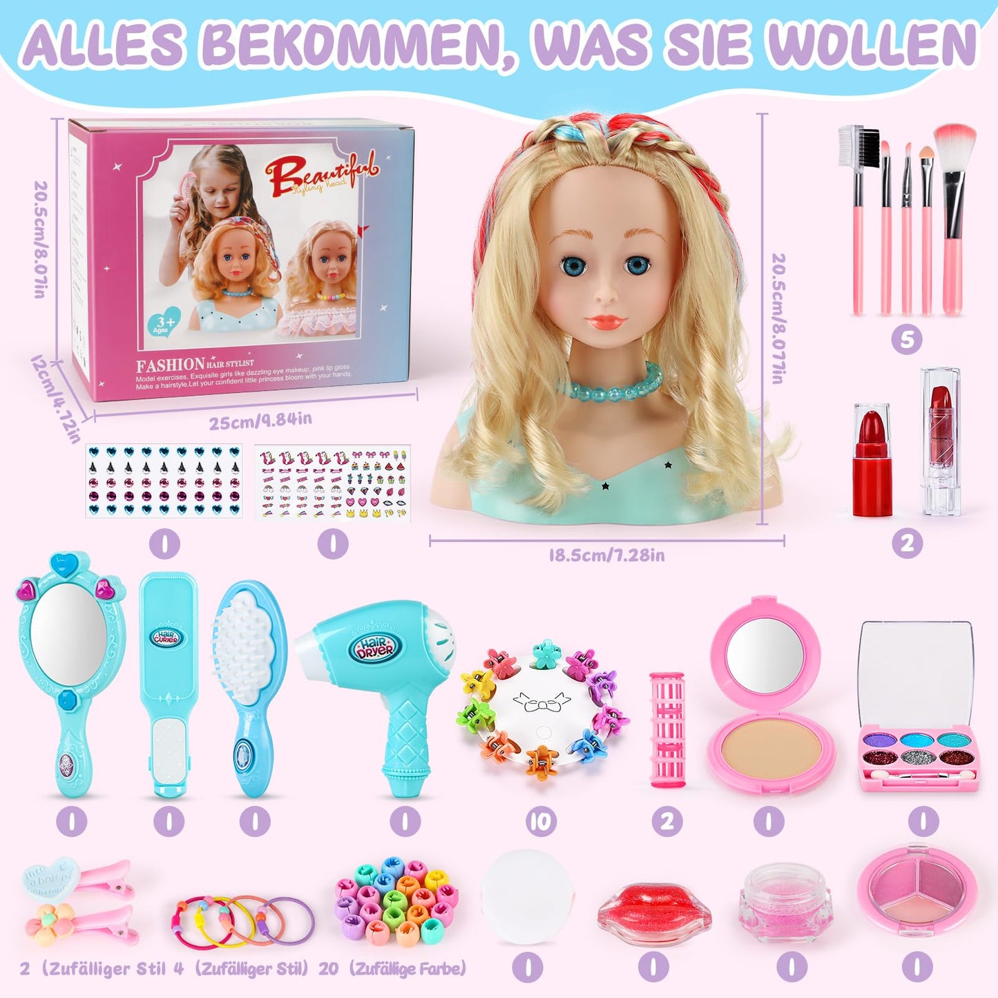 BuzzoXerex Styling Head Kid Set, 58 Piece Makeup Head for Girls Washable, Doll Head for Styling Kids with Hair Accessories and Cosmetics Birthday Christmas Gifts for 3 and up (Blue)