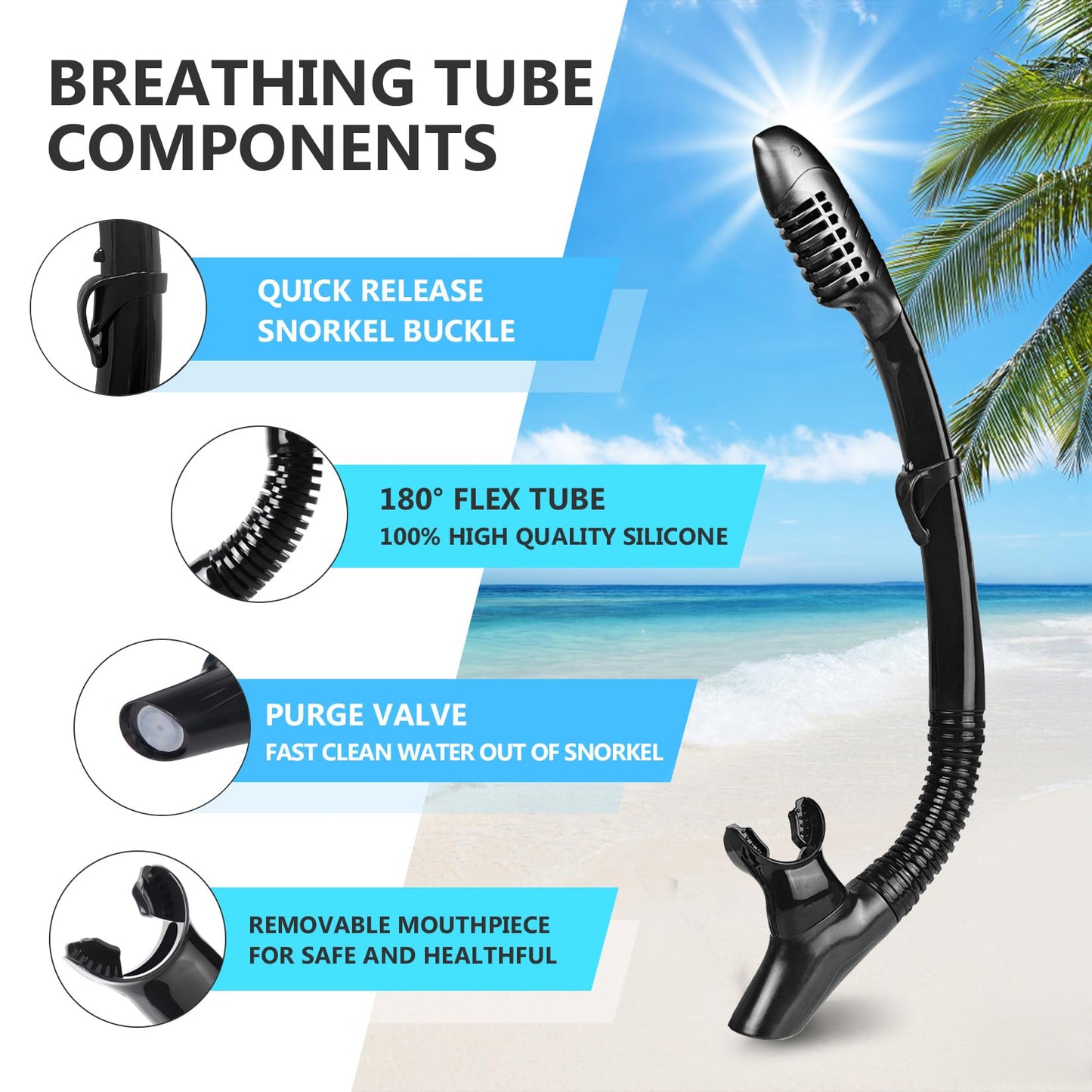 Adult Snorkel Set Snorkeling Gear Anti-Fog Panoramic Dive Mask and Dry Snorkel Anti-Leak Snorkel Mask for Freediving, Snorkeling, Swimming (Black Set)