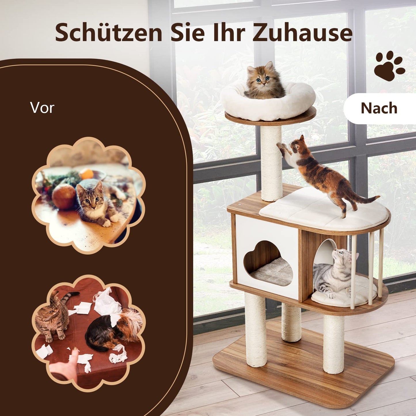 GYMAX Cat Tree Stable Cat Furniture Cat Scratching Post Climbing Tree for Cats Height 117 cm (Brown)