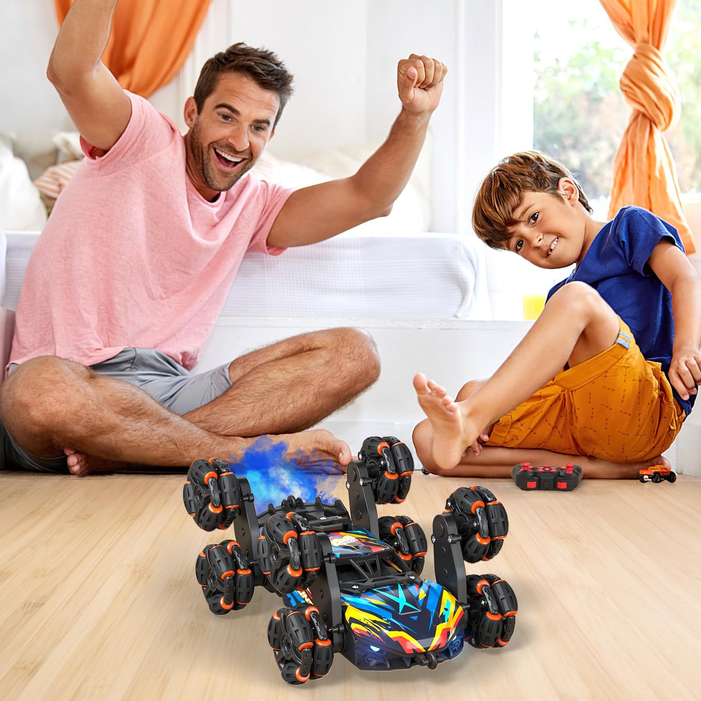 AYIQUTY Remote Control Car, Remote Control Car for 3 4 5 6 7 8 9 10 years old, 8WD Stunt and Hand Control, RC Drift with LED Light, Music, and Spray, RC Toy Gift for 3-12 years old boys