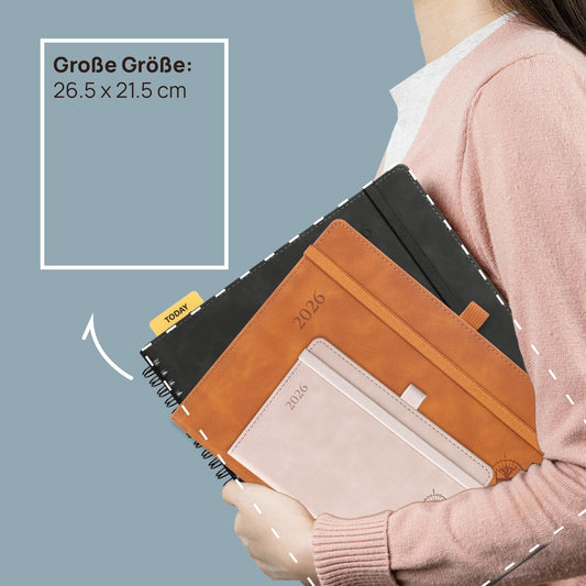 POPRUN Calendar 2026 Book calendar Softcover with PU leather, approx. A4 (26.5 x 21.5 cm) - Appointment planner, weekly planner notebook (Jan. 2026-Dec. 2026) with 100 GSM paper