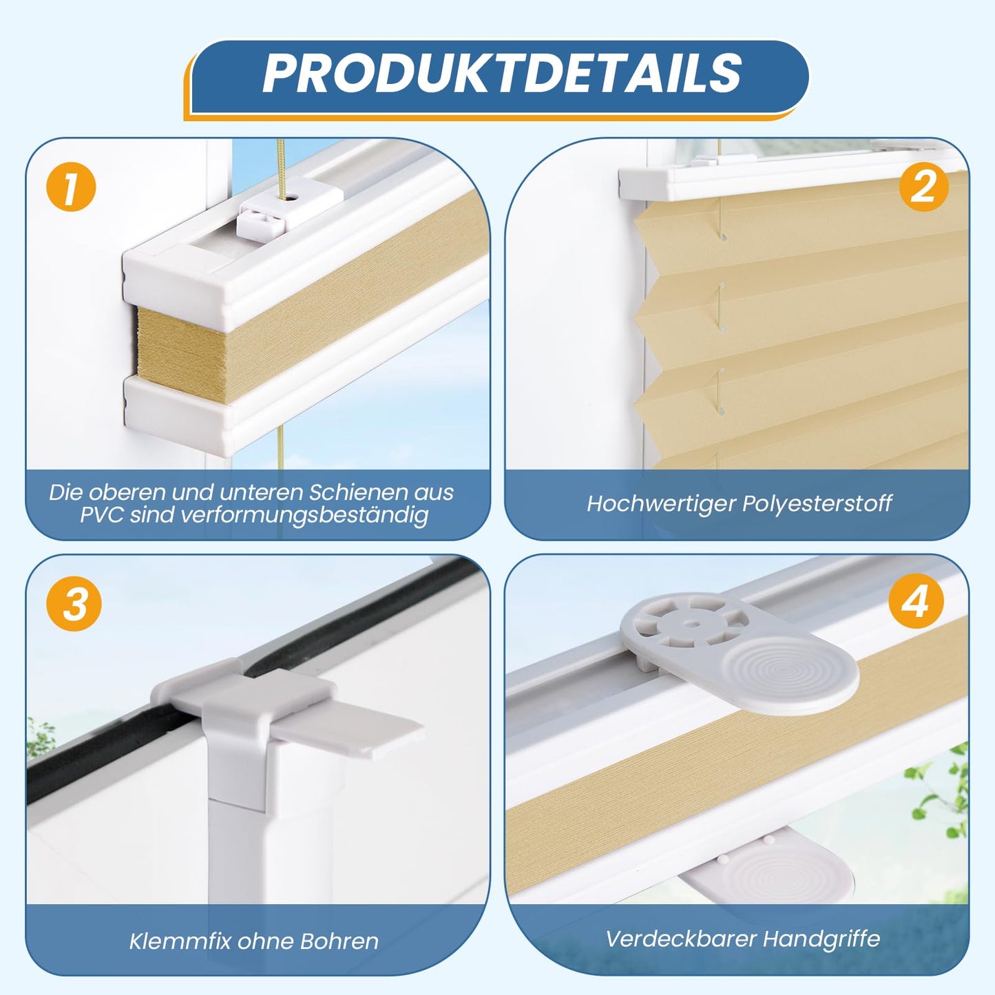 Pleated blind without drilling clampfix cream W75 x H120 cm, pleated blinds translucent and privacy blinds easyfix foldable blind with clamping bracket pleated blind sun protection for windows & doors