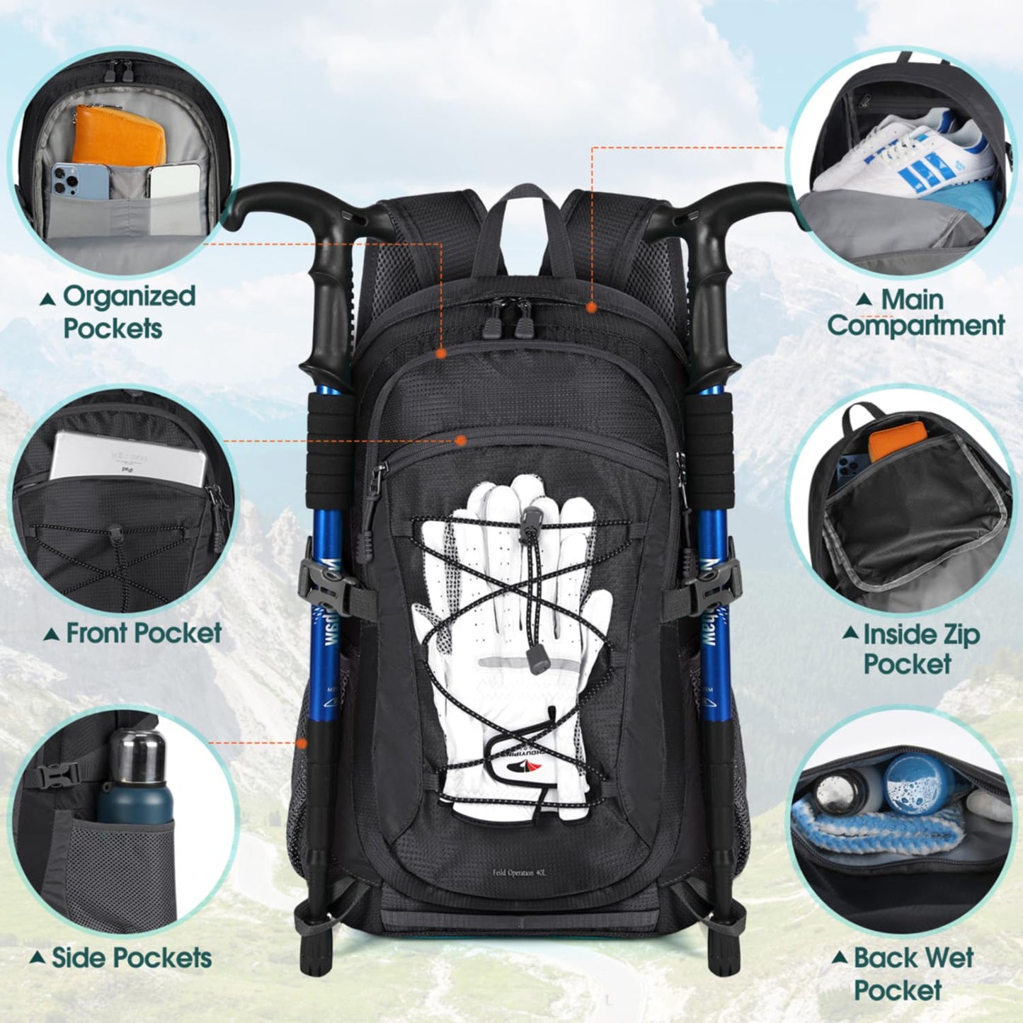 RAINSMORE hiking backpack for men and women 40L waterproof lightweight travel backpack trekking backpack with reflective strips for climbing, cycling, mountaineering, and travel Black