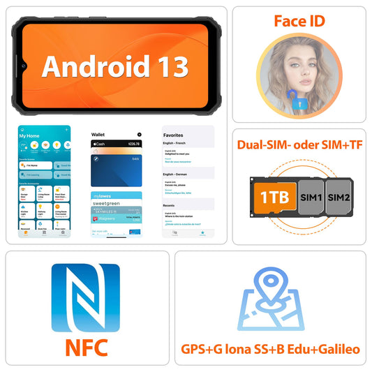 OUKITEL WP23 Outdoor Smartphone Unlocked Android 13.0, 7GB+64GB Waterproof, 10600mAh, 6.5" HD+, 13MP+5MP Panorama Camera, Dual SIM 4G, NFC/Face ID/OTG/GPS/IP68, Orange