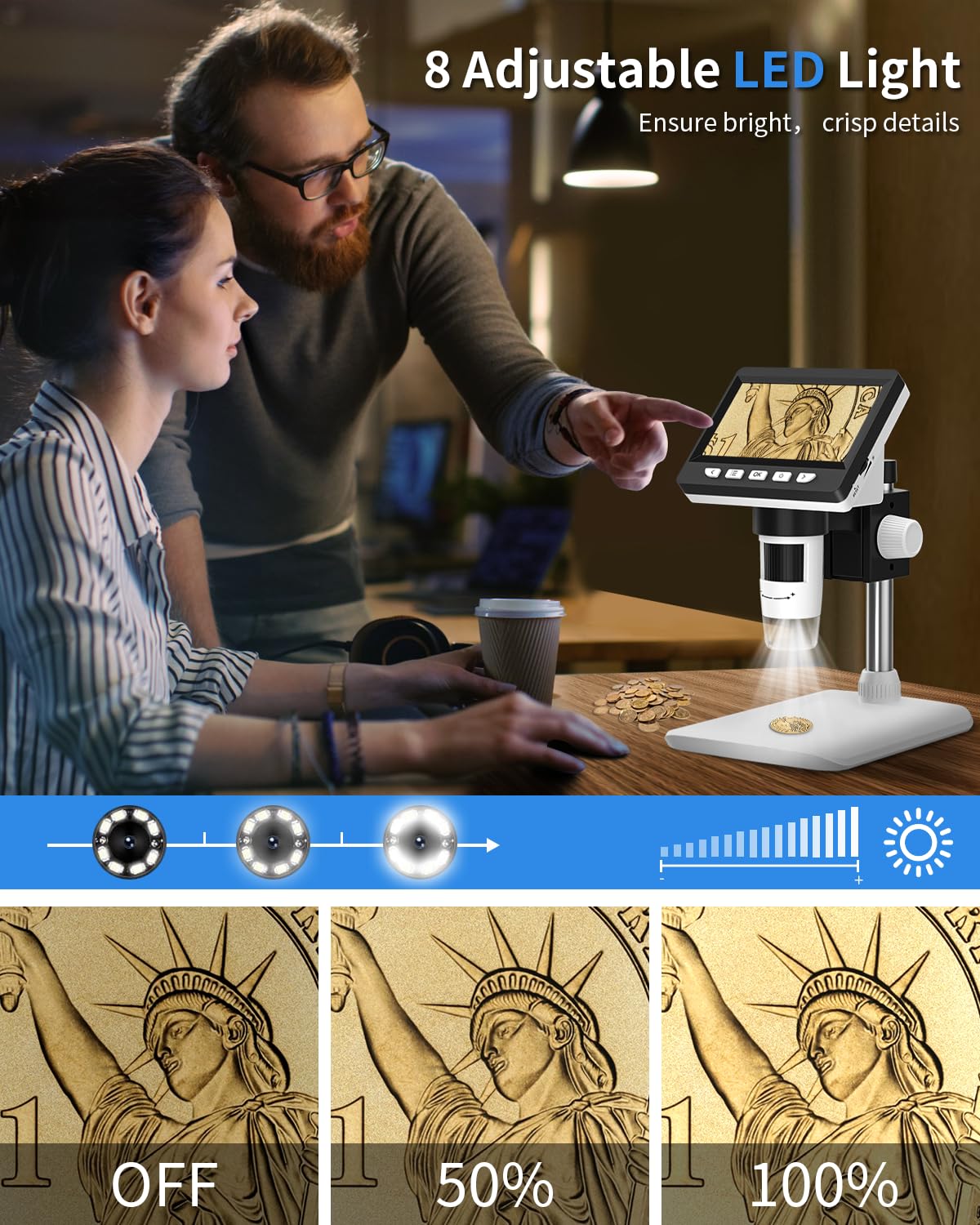 CIMELR 4.3" Digital Microscope, 50X-1000X resolution, USB microscope with 8 adjustable LEDs, microscope for adults/kids (307-B)