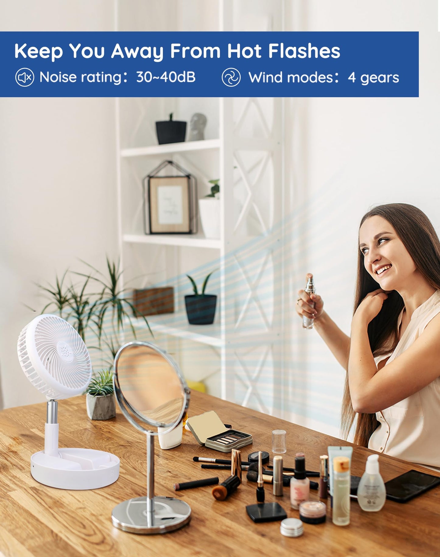 Primevolve Fan with Remote Control, 7200mAh Battery USB Stand Fan Foldable Portable for Outdoor Travel Camping, Quiet Desk Fan for Bedroom Office- White-7.7"