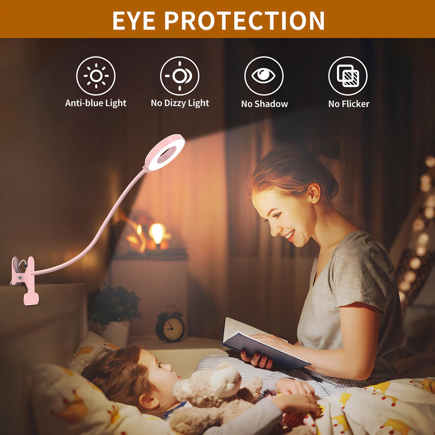 iZEL 23 LED reading lamp for bed with dimmable -【3 modes & 10 brightness levels】 Eye protection clamp lamp with 40cm flexible gooseneck, clip light, reading light with 10W USB charger.